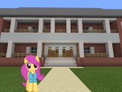 Size: 2048x1536 | Tagged: safe, artist:topsangtheman, pursey pink, earth pony, pony, g4, house, looking at you, minecraft, solo