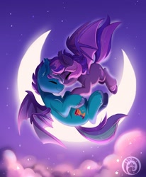 Size: 2399x2915 | Tagged: safe, artist:oofycolorful, oc, oc only, oc:midnight mist, oc:sugar spirits, bat pony, pony, bat pony oc, bat wings, crescent moon, duo, eyes closed, female, high res, male, moon, night, straight, transparent moon, wings
