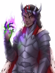 Size: 1630x2160 | Tagged: safe, alternate version, artist:gervitasia, king sombra, human, g4, armor, dark skin, glowing hands, horn, horned humanization, humanized, male, simple background, solo, white background