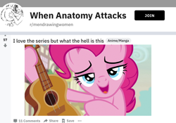 Size: 1266x886 | Tagged: safe, edit, pinkie pie, g4, honest apple, my little pony: friendship is magic, bedroom eyes, guitar, looking at you, meme, musical instrument, reddit