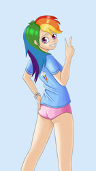 Size: 1200x2134 | Tagged: safe, artist:scs-g3-n17, rainbow dash, human, g4, ass, blue background, butt, clothes, cute, dashabetes, female, humanized, looking at you, looking back, looking back at you, panties, pink underwear, rainbutt dash, simple background, solo, underwear