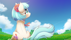 Size: 2560x1440 | Tagged: safe, alternate version, artist:symbianl, coco pommel, earth pony, pony, g4, beautiful, blushing, both cutie marks, cocobetes, cute, female, flower, mare, meadow, scenery, sitting, sky, solo, wallpaper, wallpaper edit, windswept mane, windswept tail