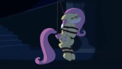 Size: 1280x720 | Tagged: safe, artist:radiantrealm, artist:sonicrock56, fluttershy, pegasus, pony, g4, animated, arm behind back, bondage, bound and gagged, bound wings, cloth gag, eyes closed, female, femsub, floppy ears, fluttersub, gag, muffled words, over the nose gag, rope, rope bondage, solo, sound, struggling, submissive, suspended, suspension bondage, tied up, voice acting, webm, wings