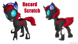 Size: 1280x720 | Tagged: safe, artist:batponyecho, oc, oc only, oc:record scratch, changeling, 3d, butt, changeling oc, fangs, headphones, holes, horn, plot, red changeling, simple background, solo, source filmmaker, tail, white background