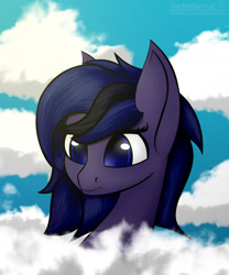 Size: 1296x1560 | Tagged: safe, artist:darbedarmoc, oc, oc only, oc:luamore, pegasus, pony, cloud, eye, eyes, hide, sky, solo, sunlight, two toned mane