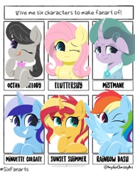 Size: 1280x1684 | Tagged: safe, artist:payshiechastityart, fluttershy, minuette, mistmane, octavia melody, rainbow dash, sunset shimmer, earth pony, pegasus, pony, unicorn, g4, bust, cloves, curved horn, female, grin, horn, licking, licking lips, mare, six fanarts, smiling, tongue out