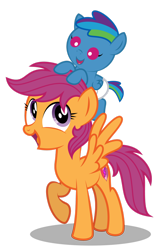 Size: 1280x2006 | Tagged: safe, artist:aleximusprime, scootaloo, oc, oc:storm streak, pony, flurry heart's story, g4, baby, babysitting, colt, cute, cutealoo, diaper, foal, foalsitter, male, offspring, older, older scootaloo, parent:oc:thunderhead, parent:rainbow dash, parents:canon x oc, ponies riding ponies, pony hat, riding, simple background, teenage scootaloo, teenager, transparent background