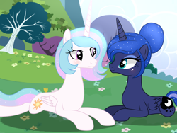 Size: 1400x1050 | Tagged: safe, artist:crystallightfury, artist:quartziie, princess celestia, princess luna, alicorn, pony, g4, alternate hairstyle, base used, concave belly, duo, female, looking at each other, lying down, mare, prone, royal sisters, siblings, sisters, slender, thin, tree