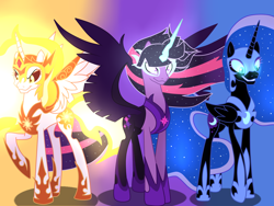 Size: 1400x1050 | Tagged: dead source, safe, artist:crystallightfury, daybreaker, nightmare moon, twilight sparkle, alicorn, pony, equestria girls, g4, crown, female, jewelry, mare, midnight sparkle, raised hoof, regalia, trio, twilight sparkle (alicorn), wings