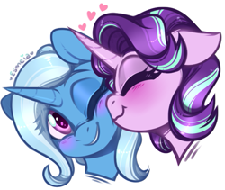Size: 531x449 | Tagged: safe, artist:esmeia, starlight glimmer, trixie, pony, unicorn, g4, blushing, bust, cute, diatrixes, duo, eyes closed, female, glimmerbetes, heart, lesbian, mare, one eye closed, ship:startrix, shipping, simple background, snuggling, white background, wink