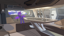 Size: 3840x2160 | Tagged: safe, artist:happy harvey, twilight sparkle, alicorn, pony, g4, anvil aerospace, bodysuit, carrack, clothes, crossover, high res, looking out the window, phone drawing, pool table, rsi, solo, space, spaceship, spacesuit, star citizen, twilight sparkle (alicorn)