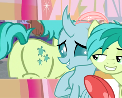 Size: 1790x1441 | Tagged: safe, edit, edited screencap, screencap, ocellus, sandbar, changedling, changeling, earth pony, pony, g4, butt, female, interspecies, male, plot, sandbutt, ship:ocelbar, shipping, smiling, smug, smug smile, straight