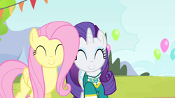 Size: 1280x720 | Tagged: safe, screencap, fluttershy, rarity, pegasus, pony, unicorn, filli vanilli, g4, ^^, balloon, duo, eyes closed, female, mare, nuzzling, ponytones outfit, smiling