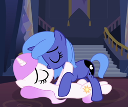 Size: 2224x1864 | Tagged: dead source, safe, artist:stellamoonshineyt, princess celestia, princess luna, pony, unicorn, g4, banner, cewestia, cute, cutie mark, duo, eyes closed, female, filly, filly celestia, filly luna, incest, kiss on the lips, kissing, lesbian, lying down, pink-mane celestia, royal sisters, s1 luna, ship:princest, shipping, sisters, stairs, woona, younger