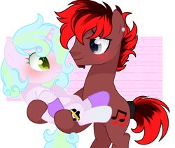 Size: 2556x2160 | Tagged: safe, artist:2pandita, oc, oc only, oc:red king, oc:sweet cream, earth pony, pony, unicorn, female, high res, holding a pony, male, mare, stallion