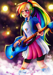 Size: 736x1041 | Tagged: safe, artist:meqiopeach, applejack, rainbow dash, human, equestria girls, g4, my little pony equestria girls: rainbow rocks, anniversary, awesome as i want to be, blushing, clothes, concert, cute, dashabetes, digital, fanart, female, guitar, hard rock, human coloration, multicolored hair, musical instrument, night, outdoors, performance, ponytail, rainbow hair, rock (music), shadow, skirt, smoke, socks, song reference, sparkles, sticker