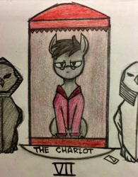 Size: 750x960 | Tagged: safe, artist:brony fireice, oc, oc only, oc:silver bristle, clothes, hoodie, looking at you, sitting, tarot card, the chariot, traditional art
