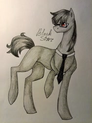 Size: 1620x2160 | Tagged: safe, artist:akich_star, oc, oc only, oc:silver bristle, earth pony, pony, glasses, looking back, male, necktie, photo, raised hoof, simple background, solo, stallion, traditional art, walking