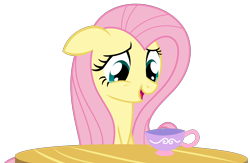 Size: 3031x1978 | Tagged: safe, artist:sketchmcreations, fluttershy, pegasus, pony, g4, stare master, cup, cute, female, floppy ears, mare, open mouth, shyabetes, simple background, sitting, solo, table, teacup, transparent background, vector