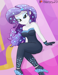Size: 1456x1872 | Tagged: safe, artist:tabrony23, rarity, equestria girls, g4, my little pony equestria girls: better together, the other side, beautiful, bedroom eyes, breasts, cleavage, clothes, fanart, female, gloves, high heels, lidded eyes, looking at you, patreon, patreon logo, raised eyebrow, sexy, shoes, show accurate, sitting, solo, strapless, stupid sexy rarity, unitard