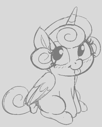 Size: 404x501 | Tagged: safe, artist:heretichesh, princess flurry heart, alicorn, pony, g4, blushing, bow, cute, female, filly, flurrybetes, foal, happy, mlem, monochrome, silly, sitting, smiling, solo, tail bow, tongue out