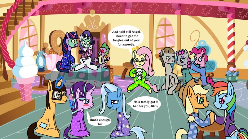2453933 Safe Artist Platinumdrop Angel Bunny Applejack Fluttershy Maud Pie Mudbriar Pinkie Pie Rainbow Dash Rarity Spike Starlight Glimmer Trixie Twilight Sparkle Oc Oc Brandon Bathrobe Branglimmer Clothes Footed Sleeper Footie