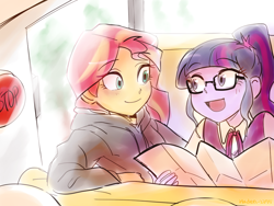 Size: 1024x768 | Tagged: safe, artist:haden-2375, sci-twi, sunset shimmer, twilight sparkle, equestria girls, g4, clothes, duo, female, glasses, hoodie, lesbian, map, ship:sci-twishimmer, ship:sunsetsparkle, shipping, sweater