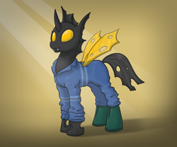 Size: 3000x2500 | Tagged: safe, artist:kozachokzrotom, oc, oc:edd roach, changeling, boots, changeling oc, clothes, high res, jumpsuit, male, shoes, sierra nevada, yellow changeling