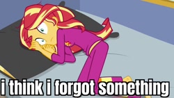 Size: 1024x576 | Tagged: safe, edit, edited screencap, screencap, sunset shimmer, equestria girls, g4, my little pony equestria girls: better together, wake up!, wake up!: applejack, bed, caption, clothes, female, image macro, pajamas, solo, text