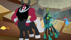 Size: 1920x1080 | Tagged: safe, screencap, lord tirek, queen chrysalis, centaur, changeling, changeling queen, g4, the ending of the end, bracer, cloven hooves, colored hooves, duo, female, grin, male, nose piercing, nose ring, piercing, rubber chicken, septum piercing, smiling, ultimate chrysalis