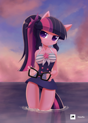 Size: 1000x1407 | Tagged: safe, artist:howxu, sci-twi, twilight sparkle, anthro, g4, adorasexy, beach shorts swimsuit, clothes, colored pupils, cute, equestria girls outfit, female, glasses, legs in the water, looking at you, one-piece swimsuit, sci-twiabetes, sexy, sexy egghead, solo, standing in water, swimsuit, twiabetes, twilight sparkle's beach shorts swimsuit, water
