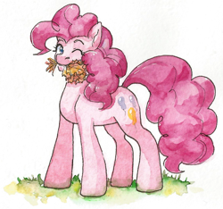 Size: 1135x1062 | Tagged: safe, artist:tigra0118, pinkie pie, earth pony, pony, g4, female, leaves, looking at you, mare, one eye closed, solo, standing, traditional art, watercolor painting