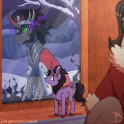 Size: 1600x1592 | Tagged: safe, artist:inuhoshi-to-darkpen, king sombra, oc, oc:noche, g4, cape, chest fluff, clothes, ear fluff, female, filly, hoof fluff, leonine tail, looking at each other, metal, offspring, parent:king sombra, parent:radiant hope, parents:hopebra, reflection, reformed sombra, story included