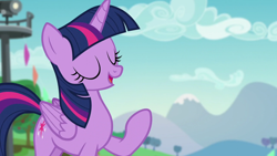 Size: 1280x720 | Tagged: safe, screencap, twilight sparkle, alicorn, pony, g4, the mane attraction, eyes closed, female, mare, raised hoof, solo, twilight sparkle (alicorn)