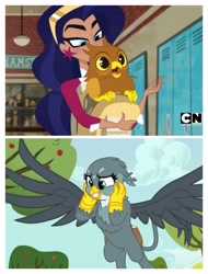 Size: 3106x4096 | Tagged: safe, edit, edited screencap, screencap, gabby, griffon, human, g4, the fault in our cutie marks, amazon, cartoon network, dc superhero girls, diana prince, fantastic beasts and how to mind them, scythian, steve (griffon), wonder woman