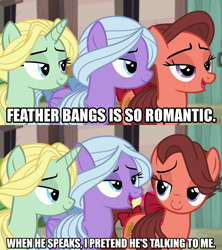 Size: 1280x1440 | Tagged: safe, edit, edited screencap, screencap, dear darling, fond feather, swoon song, earth pony, pegasus, pony, unicorn, g4, hard to say anything, bimbettes, caption, female, image macro, implied feather bangs, mare, meme, text