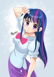 Size: 1600x2263 | Tagged: safe, artist:love2eategg, twilight sparkle, human, equestria girls, g4, anime, clothes, cute, cutie mark, cutie mark on clothes, female, human coloration, humanized, skirt, smiling, solo, twiabetes