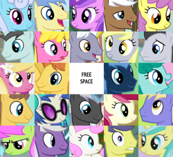 Size: 1555x1420 | Tagged: safe, edit, edited screencap, screencap, amethyst star, caramel, cherry berry, comet tail, dark moon, derpy hooves, dj pon-3, goldengrape, graphite, lemony gem, lily, lily valley, linky, lucky clover, merry may, mochaccino, neon lights, parasol, rare find, rising star, roseluck, royal riff, shoeshine, silver script, sir colton vines iii, sparkler, spring melody, sprinkle medley, star hunter, thorn (g4), twinkleshine, vinyl scratch, warm front, earth pony, pegasus, pony, unicorn, g4, bingo, female, male, mare, stallion