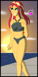 Size: 1000x2019 | Tagged: safe, artist:physicrodrigo, part of a set, sunset shimmer, human, equestria girls, g4, adorasexy, beach, beach shorts swimsuit, belly button, bikini, breasts, busty sunset shimmer, clothes, commission, cute, ear piercing, earring, female, geode of empathy, grin, happy, human to pony, imminent transformation, jewelry, looking up, magical geodes, midriff, ocean, piercing, potion, sexy, shimmerbetes, smiling, solo, story included, sun, sunset, sunset shimmer's beach shorts swimsuit, swimsuit, the conversion bureau, thrown, transformation, transformation sequence, vial, walking, walkway
