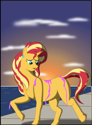 Size: 2295x3122 | Tagged: safe, artist:physicrodrigo, part of a set, sunset shimmer, pony, unicorn, equestria girls, g4, beach, blank flank, commission, dismay, dock, dripping, ear piercing, earring, female, high res, human to pony, jewelry, looking at self, looking down, mare, ocean, open mouth, piercing, potion, raised hoof, solo, story included, sun, sunset, the conversion bureau, transformation, transformation sequence, transformed, walkway