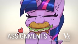 Size: 1280x720 | Tagged: safe, artist:pabbley, artist:voltexpixel, edit, twilight sparkle, alicorn, pony, g4, burger, chubby cheeks, cute, ear fluff, eating, eyes closed, female, food, happy, heart, mare, meat, nom, ponies eating meat, promo, smiling, solo, that pony sure does love burgers, true love, twiabetes, twilight burgkle, twilight sparkle (alicorn)