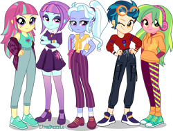Size: 6015x4550 | Tagged: safe, artist:limedazzle, indigo zap, lemon zest, sour sweet, sugarcoat, sunny flare, equestria girls, absurd resolution, alternate design, casual, clothes, converse, crossed arms, crystal prep shadowbolts, female, freckles, goggles, group, hand in pocket, hand on hip, headphones, jacket, lidded eyes, one eye closed, pants, shadow five, shadowbolts, shoes, show accurate, simple background, skirt, smiling, transparent background, wink, wristband