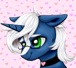 Size: 1303x1161 | Tagged: safe, artist:madcloudlet, oc, oc only, oc:passi deeper, pony, unicorn, abstract background, bust, cheek fluff, choker, colored pupils, femboy, floppy ears, glasses, green eyes, horn, male, portrait, smiling, solo, spots, stallion, unicorn oc