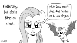 Size: 1200x675 | Tagged: safe, artist:pony-berserker, fluttershy, bat, pony, pony-berserker's twitter sketches, g4, fluttershy is not amused, halftone, looking at you, monochrome, public service announcement, solo, unamused