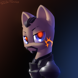 Size: 2000x2000 | Tagged: safe, artist:shido-tara, armor, bust, crossover, glowing eyes, high res, looking at you, mass effect, portrait, shepard, simple background