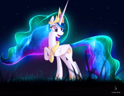 Size: 2960x2282 | Tagged: safe, artist:zidanemina, princess celestia, alicorn, pony, g4, crown, ethereal mane, ethereal tail, female, glowing mane, grass, happy, high res, jewelry, mare, night, open mouth, regalia, smiling, solo