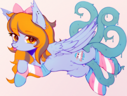 Size: 2460x1864 | Tagged: safe, artist:astralblues, oc, oc only, oc:sarah, pegasus, pony, bow, bowtie, chest fluff, clothes, cute, ear fluff, ear piercing, earring, female, fluffy, hair bow, jewelry, leg fluff, lying, lying down, mare, pegasus oc, pegasus wings, piercing, pride, pride flag, pride socks, socks, solo, striped socks, tentacle tail, tentacles, tongue out, transgender pride flag, wings