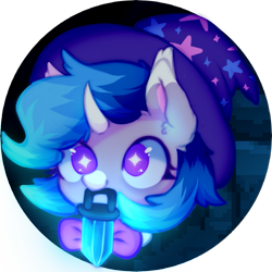 Size: 887x887 | Tagged: safe, artist:astralblues, oc, oc only, oc:astral blues, pony, unicorn, blue, bowtie, cave, crystal, cute, ear fluff, eyelashes, fluffy, hair, hat, horn, mouth hold, purple eyes, solo, sparkles, spots, starry eyes, wingding eyes