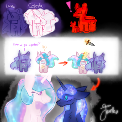 Size: 1000x1000 | Tagged: safe, artist:php163, princess celestia, princess luna, alicorn, pony, gamer luna, g4, among us, betrayal, black background, chest fluff, crossover, dialogue, ethereal mane, female, frown, galaxy mane, game, gaming, knife, luna is not amused, mare, murder, royal sisters, signature, simple background, sisters, trollestia, unamused, unimpressed, video game crossover
