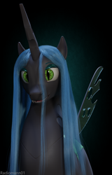 Size: 2160x3376 | Tagged: safe, artist:radiomann01, queen chrysalis, changeling, changeling queen, g4, 3d, bust, fangs, female, high res, horn, looking at you, mane, missing accessory, open mouth, portrait, render, sharp teeth, simple background, solo, teeth, wings